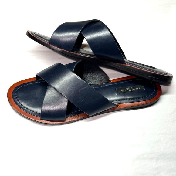 size 8/38 Lafayette 148 Vienna Womens Navy Leather Cross-Strap Slide Sandals - Picture 4 of 9